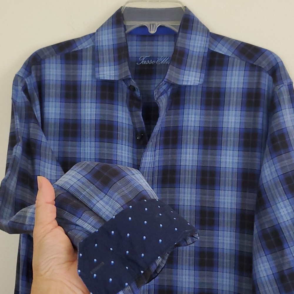 Tasso Elba Blue & Gray Plaid Shirt L